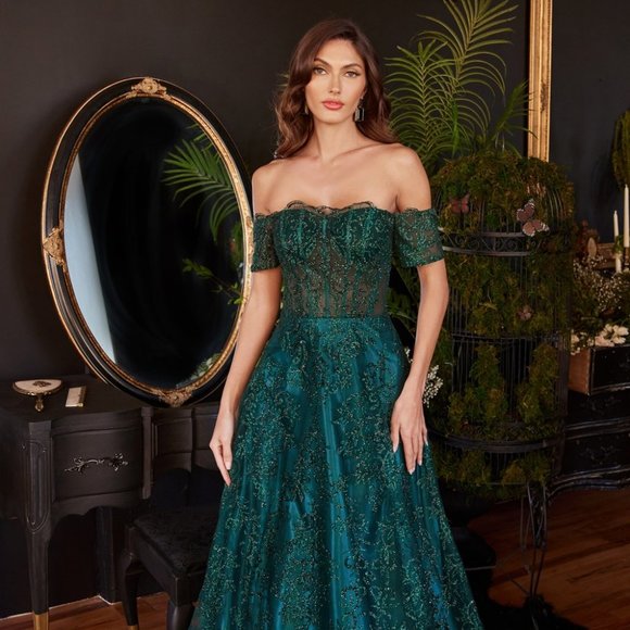 NEW LONG A-LINE OFF THE SHOULDER EMBROIDERED GLITTER PRINT A-LINE GOWN CD J835